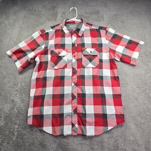 Orvis Shirt Mens Large Red Gray Black White Short Sleeve Button Up Outdoor Light